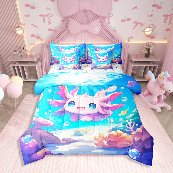 Erosebridal Pink Axolotl Bedding Sets Twin Size,Underwater World Comforter Sets With Sheets,Ocean Theme Decor,Reversible,Breathable,7Pcs