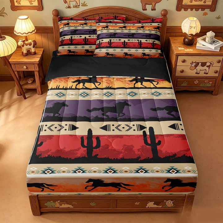meiyoeat Retro Aztec Geometric Zipper Full Size Comforter Sets with Fitted Sheet and 2 Pillowcases,Rustic Southwestern Cowboy Zipper Bedding Set For Boys,Black Reversible,4-Piece