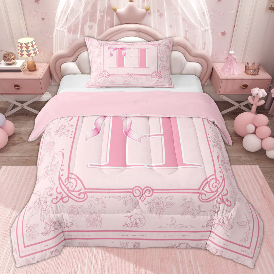 Erosebridal Cute Letter H Girls Twin Comforter Sets, Bowknot Flower Floral Bedding Set, Pink, 2pcs