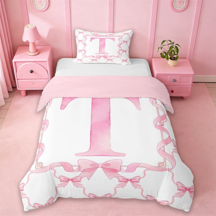 Erosebridal Letter T Monogrammed Twin Bedding,Girly Bowknot Princess Duvet Cover Set For Kids Women,Reversible pink,2 Pieces(No Comforter)