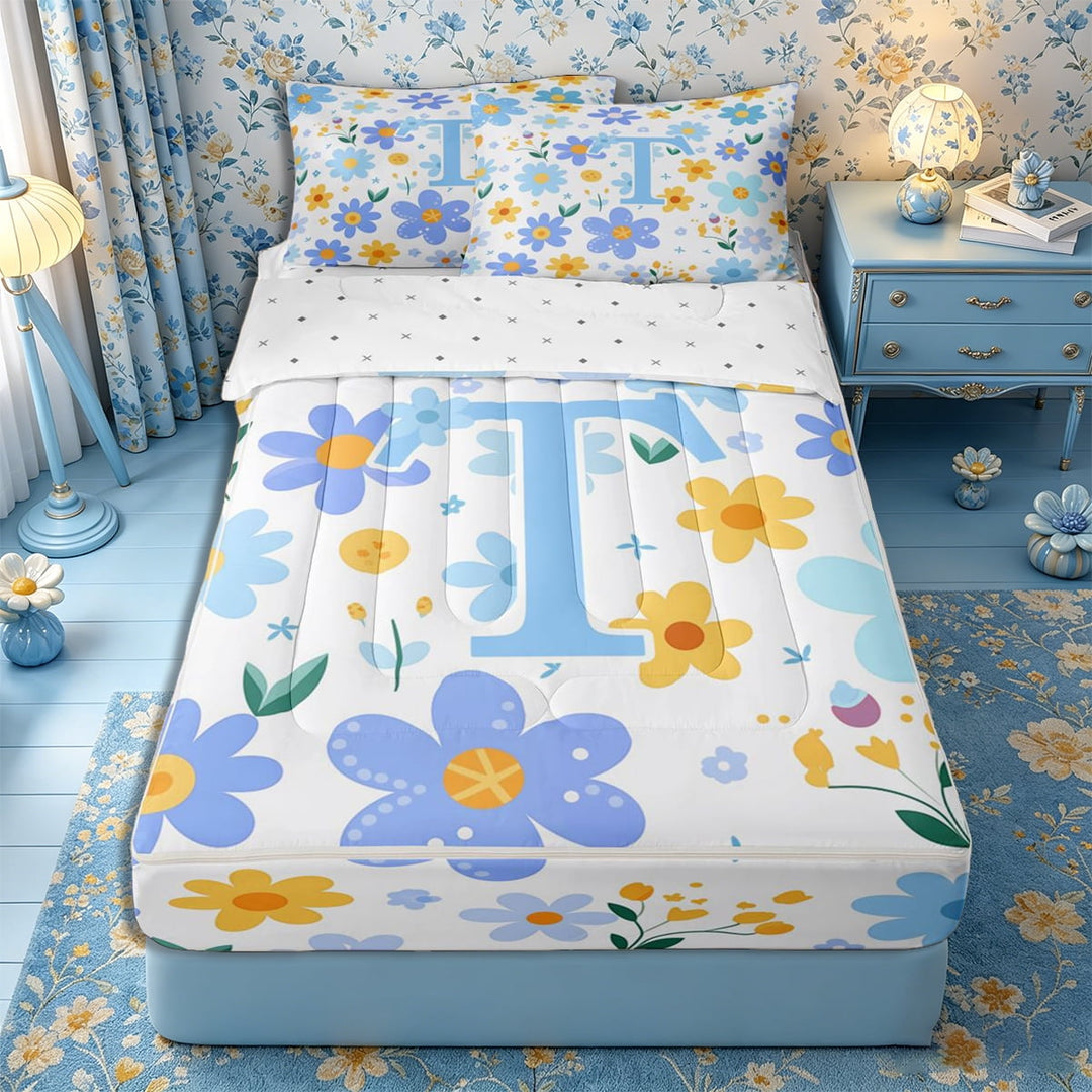Meiyoeat Fresh Daisy Letter T Zipper Full Size Comforter Sets with Fitted Sheet and 2 Pillowcases for Girls Youth, Sweet Monogram Zipper Bedding Set, Light Blue Yellow White,4pcs