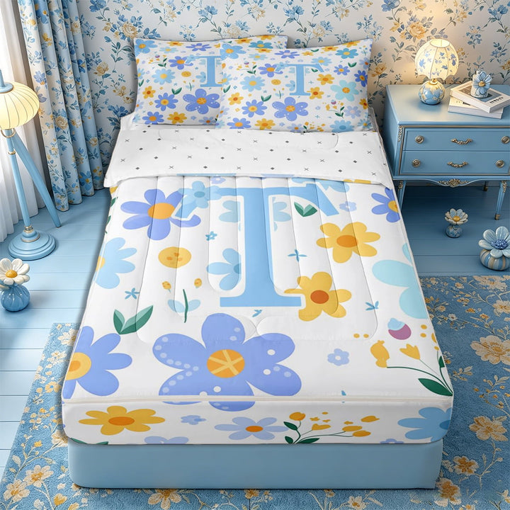 Meiyoeat Fresh Daisy Letter T Zipper Full Size Comforter Sets with Fitted Sheet and 2 Pillowcases for Girls Youth, Sweet Monogram Zipper Bedding Set, Light Blue Yellow White,4pcs