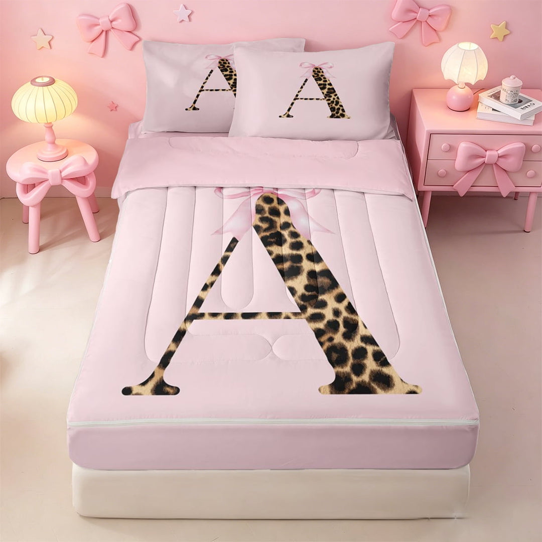 meiyoeat Leopard Print Monogram A Zipper Twin Comforter Sets with Fitted Sheet and 2 Pillowcases,Pink Bow Initial Zipper Bedding Set For Girl,Pink Reversible,4-Piece
