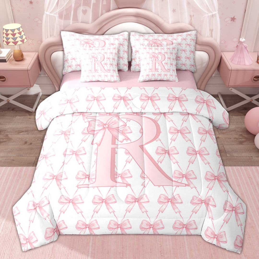 Erosebridal Fashion Pink Bow Twin Bedding Sets for Girl, Cartoon R Letter Bedding Comforter Set, 7pcs