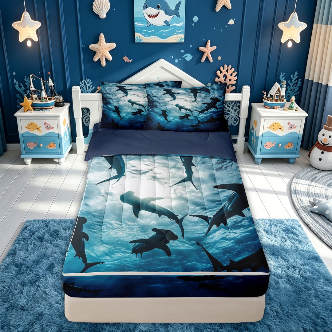 meiyoeat Cartoon Ocean Shark Zipper Twin Comforter Sets with Fitted Sheet and 2 Pillowcases for Boys, Moonlight Undersea Animal Zipper Bedding Set, Dark Blue, Blue Reversible, 4-Piece