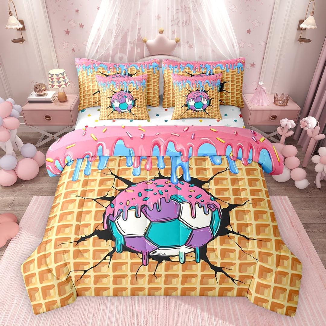 Erosebridal Soccer Sport Twin Bedding Sets for Kids Boys Girls, Ice Cream Drip Waffle Bedding Comforter Set, Colorful Polka Dots Reversible, 7pcs