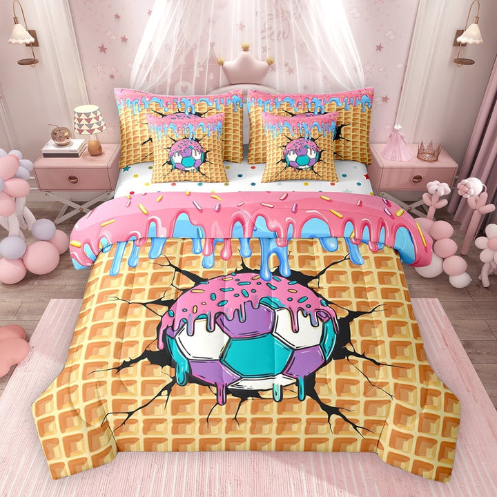 Erosebridal Soccer Sport Twin Bedding Sets for Kids Boys Girls, Ice Cream Drip Waffle Bedding Comforter Set, Colorful Polka Dots Reversible, 7pcs
