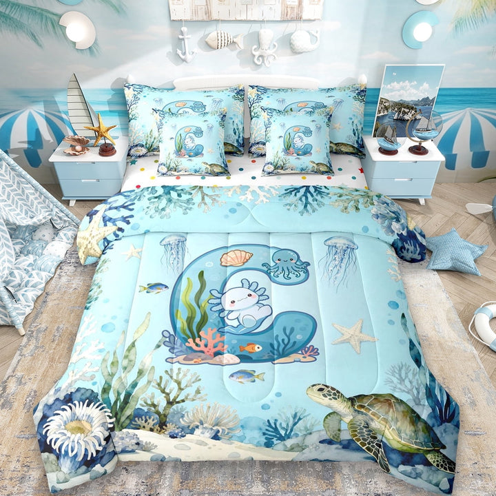 Erosebridal Nautical Coastal Personalized Gifts 7-Piece Twin Bedding Sets,Blue Kawaii Axolotl Alphabet C Bedding Comforter Set For Kids,Reversible