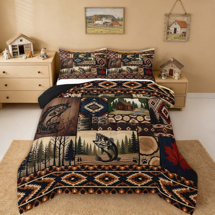 Erosebridal Bass Fish Cabin Patchwork Queen Comforter Set for Men and Women, Rustic Woodland Bedding Comforter Set, 3-Piece 1 Comforter and 2 Pillowcases