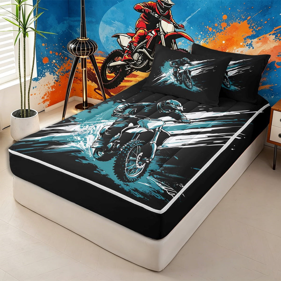 meiyoeat Graffiti Dirt Bike Zipper Twin Comforter Sets with Fitted Sheet and 2 Pillowcases for Boys,Teal Splash Print Zipper Bedding Set for Bedroom,Teal Black,Reversible