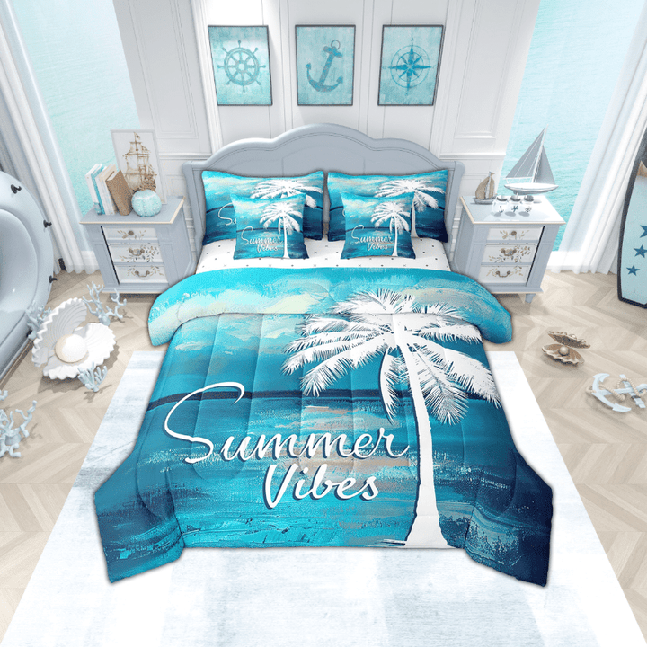 Hawaii Beach 7 Piece Comforter Set Full Bed in a Bag,Tropical Palm Tree Bedding Set Blue Ocean Sheet Sets with Comforter Summer Sea Bed Set,The Lake House Farmhouse Decor