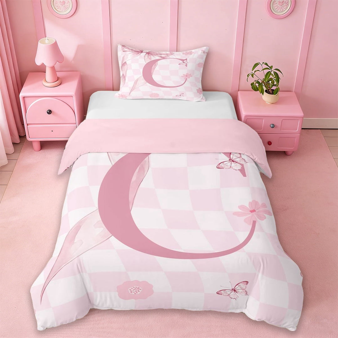 Erosebridal Kawaii Bowtie Ribbon Twin Bedding,Letter C Monogrammed Duvet Cover Set For Girls Kids,Reversible pink,2-Piece(No Comforter)