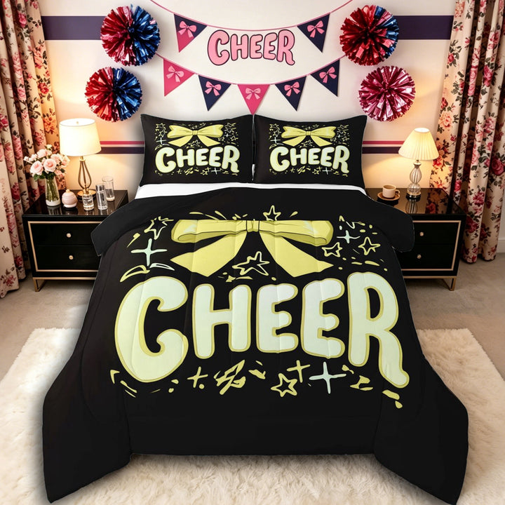 Erosebridal Girls Cheerleading Bow Queen Comforter Set 3pcs,Teens Yellow Stars Print Bedding Comforter Set,Black Reversible,Super Cozy Room Decor