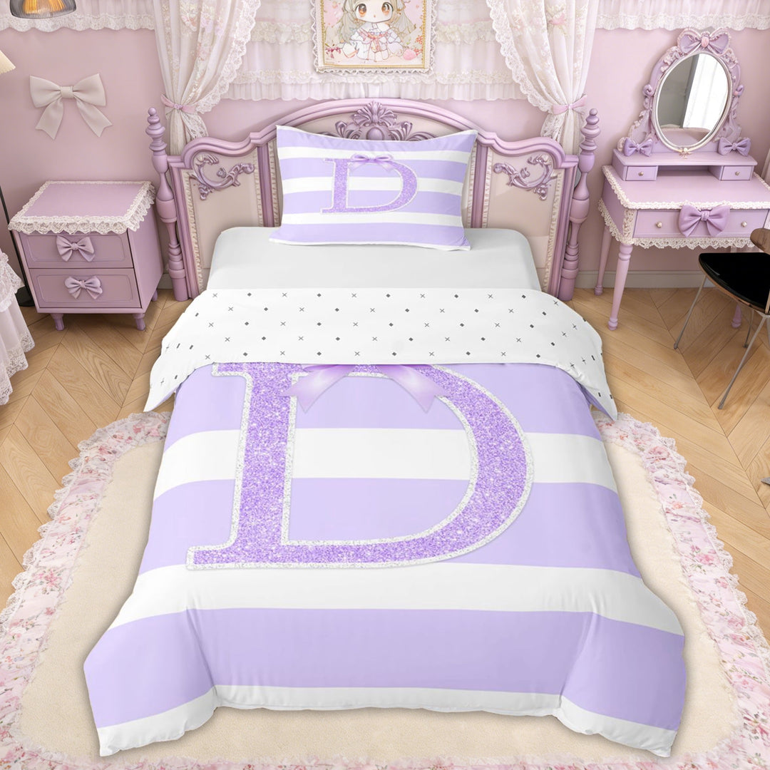 Erosebridal Glitter Print Bow Letter D Twin Bedding for Girls, Purple Stripes Ribbon Duvet Cover Set, Reversible, 1 Duvet Cover and 1 Pillowcase (No Comforter)