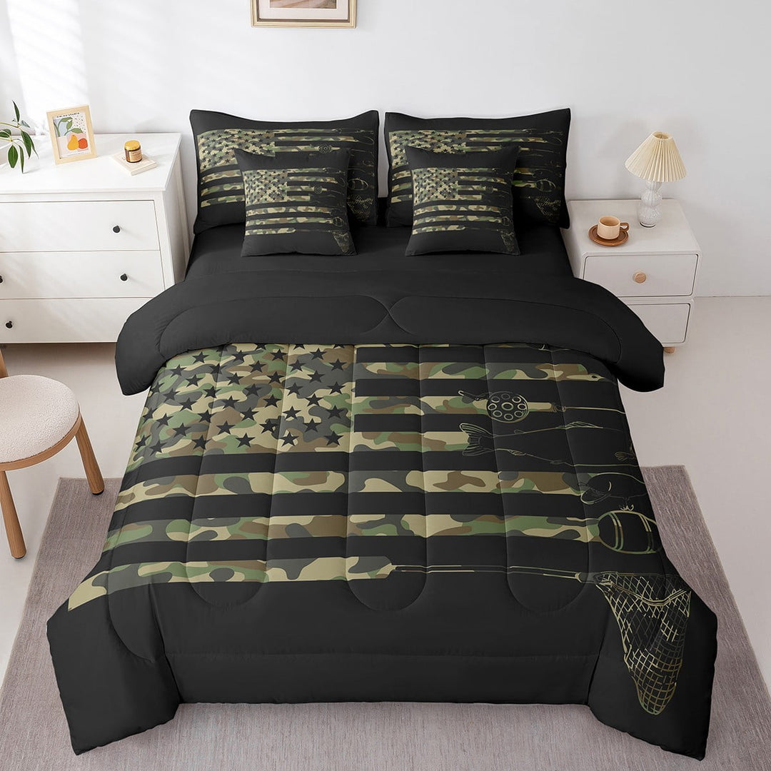 Camo Fishing Bedding Set Full 7 Piece,Army Green Camouflage American Flag Comforter Set With Sheets Big Bass Pike Fish Bed in A Bag Fishing Rod Net Farmhouse Bed Set