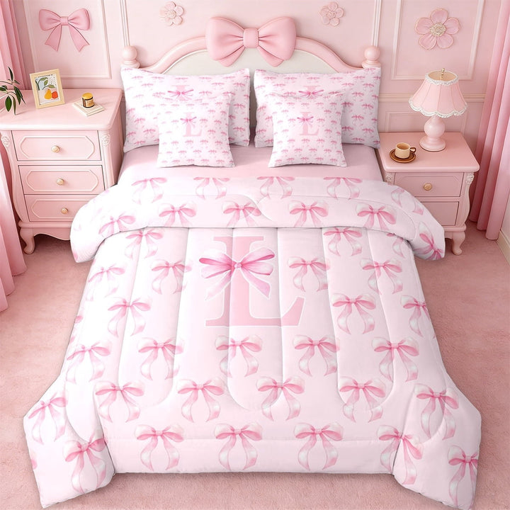 Erosebridal Ribbon Bowknot 7-Piece Twin Bedding Sets For Girls,Pink Bowtie Letter L Initial Bedding Comforter Set,Pink Reversible