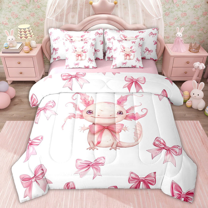 Erosebridal Princess Bowknot Bedding Sets Twin with Comforter, Kawaii Axoxotl Bedding Set, Cartoon Pet Decor, Pink Reversible, 7pcs