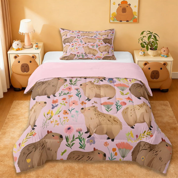 Erosebridal Capybara LoverTwin Comforter Sets,Cartoon Mouse Rustic Floral Bedding Set For Girls Kids ,Reversible Pink 2 Pieces