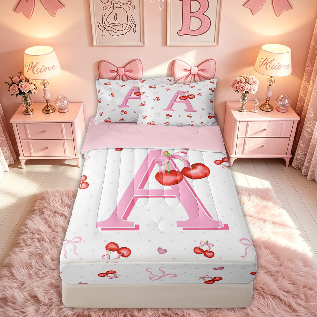 meiyoeat Cute Cherry Letter A Zipper Full Size Comforter Sets with Fitted Sheet and 2 Pillowcases for Girls, Bowknot Fruit Zipper Bedding Set for Bedroom, Pink, Pink Reversible, 4 Pieces