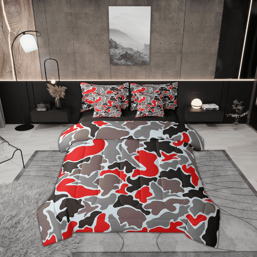 Erosebridal Red Gray Camo Bedding Twin Size, Aesthetic Camouflage Comforter Sets with Sheets, Reversible 7pcs