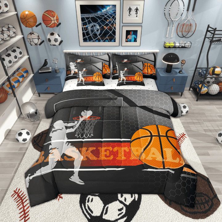 7 Piece Basketball Full Bedding Sets ,Honeycomb Geometric Bed in a Bag Sports Theme Room Decor,Ball Games Comforter Set with Fitted Sheet,Flat Sheet,Pillowcases &amp; Shams