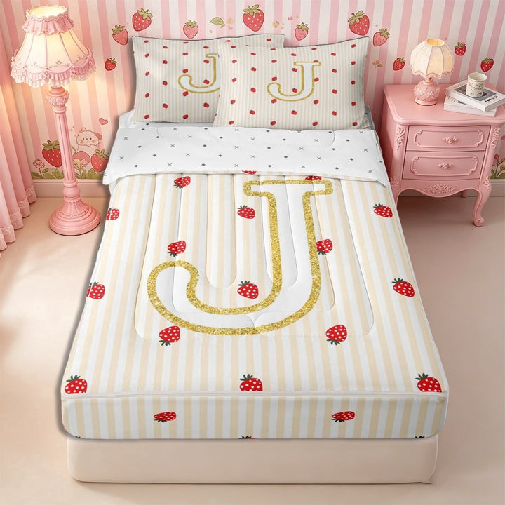 Meiyoeat Cute Gold Letter J Zipper Twin Comforter Sets with Fitted Sheet and 2 Pillowcases, Strawberry Stripe Print Zipper Bedding Set, Beige Red,4-Piece