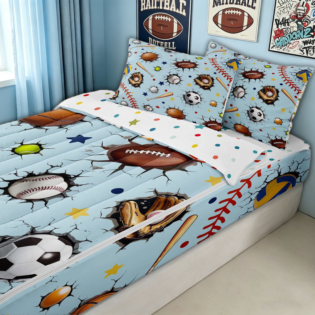 meiyoeat Sporty Ball Zipper Twin Comforter Sets with Fitted Sheet and 2 Pillowcases for Kids Boys, Cartoon Football Basketball Zipper Bedding Set for Bedroom, Blue, Polkadot ReversibleB