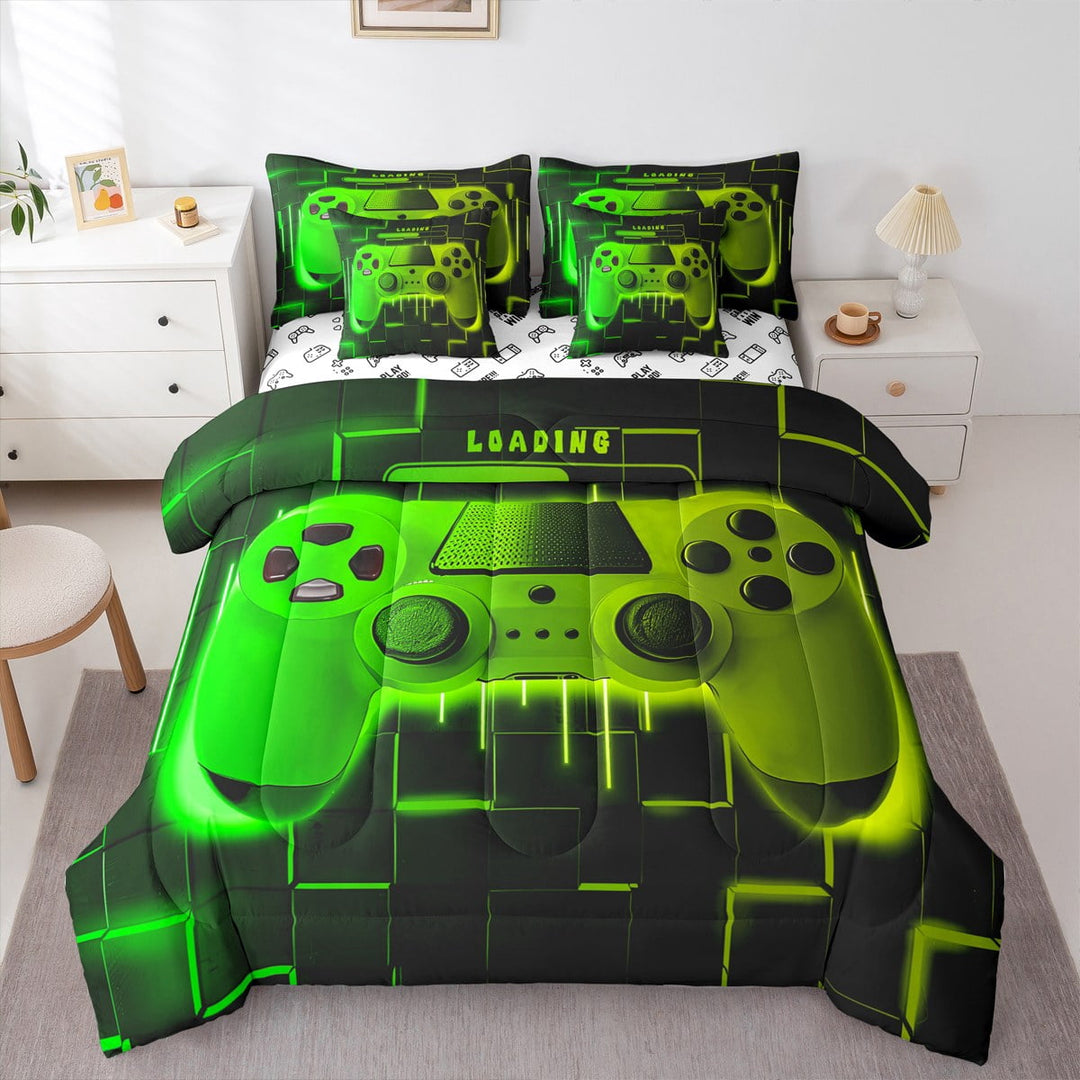 Green Yellow Gaming Comforter Set 7 Piece Bed in a Bag Twin,Gamer Bedding Sets Neon Lights Abstract Geometry Sheet Set with Comforter Gamer Room Decor