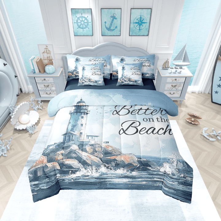 Erosebridal Hawaii Beach Bedding Twin Size, Sea Lighthouse Bed in a Bag Twin size, Reversible 7 Pieces