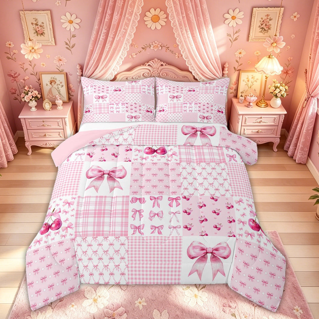 Meiyoeat Girly Cherry Bow Plaid Full Size Comforter Sets for Girls Kids Women, Pink Princess Style Bedding Sets, Pink Reversible, 3 Pieces