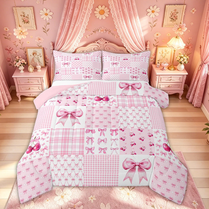 Meiyoeat Girly Cherry Bow Plaid Full Size Comforter Sets for Girls Kids Women, Pink Princess Style Bedding Sets, Pink Reversible, 3 Pieces
