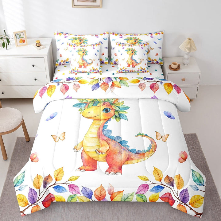 7 Pieces Cartoon Dinosaur Twin Comforter Set Cute Animal Dino Bedding Comforter Sets, Kawaii Polka Dots Reversible Bedding Set Multicolor Leaves Bed in a Bag, Girly Butterfly Bedding Sets