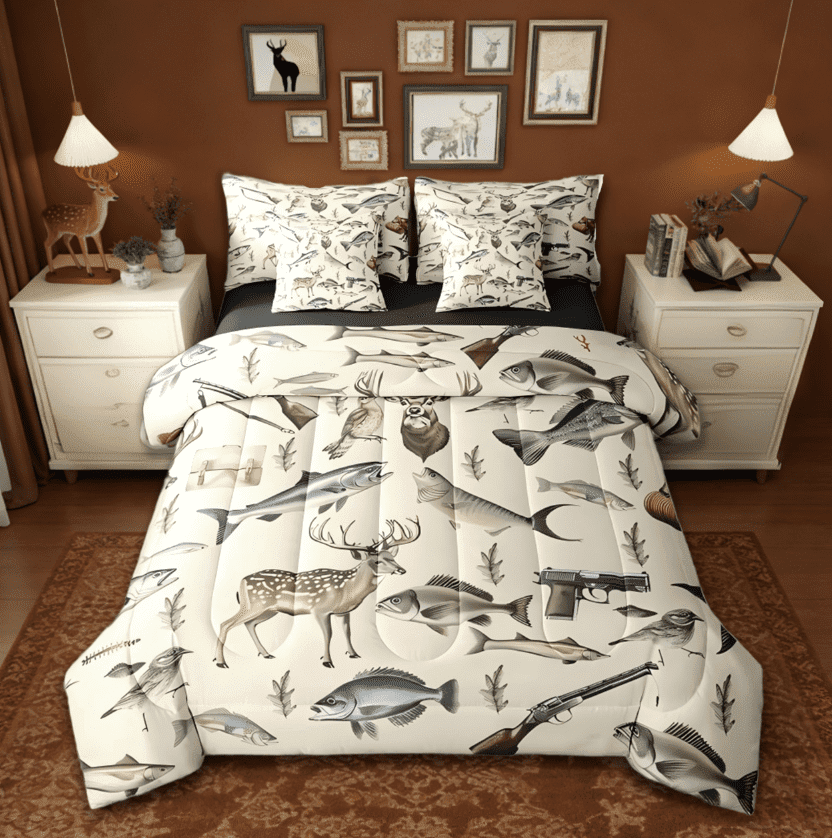 Manfei Hunting And Fishing 7-Piece Twin Bedding Sets,Deer Hunting Big Bass Pike Fish Bedding Comforter Set,Rustic Cabin Lake House Bedroom Room Decor Reversible