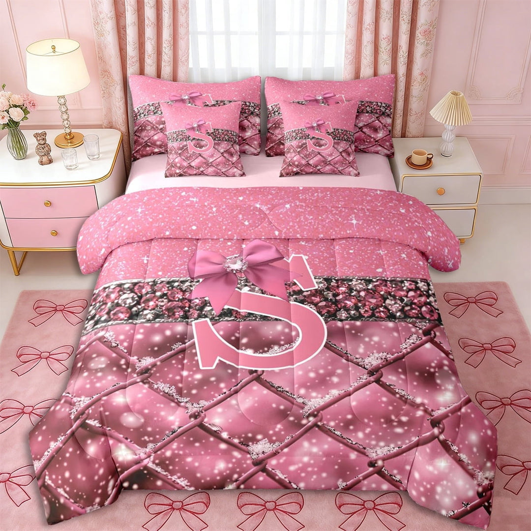 Erosebridal Girls Pink Bowknot Letter Monogrammed S Bedding Comforter Set 7pcs,Bling Glitter Print Plaid Queen Bedding Sets for Kids Teens,Pink Reversible,Super Cozy Room Decor