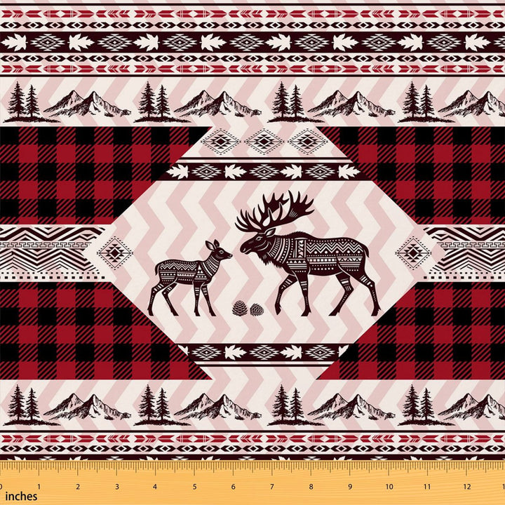 Manfei Wild Deer Moose Fabric by the Yard 1 Yard, Rustic Farmhouse Home Decor Fabric by the Yard, Red Black