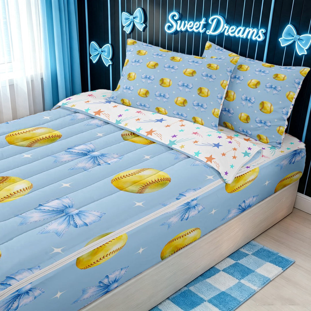 meiyoeat Blue Softball Bow Zipper Full Size Comforter Sets with Fitted Sheet and 2 Pillowcases for Girls, Kawaii Princess Bowknot Zipper Bedding Set, Star Reversible, 4pcs