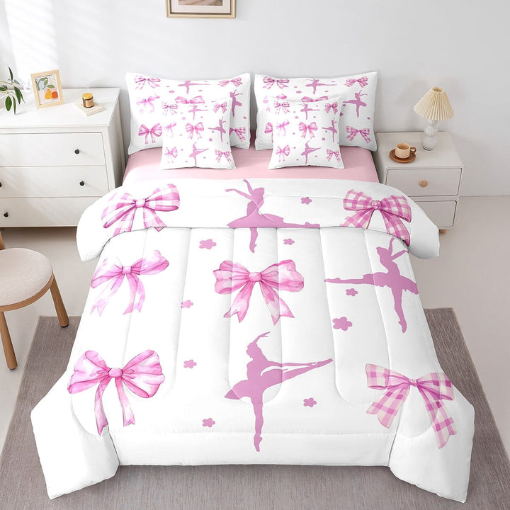 Erosebridal Girly Bow Bedding Sets Twin Size,Dance Theme Comforter Sets with Sheets,Ballet Flower Bed in a Bag Twin size,Super Cozy Dreamy Room Decorative,Reversible,7pcs
