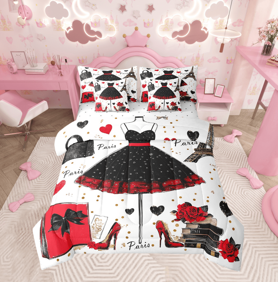 7 Piece Fashion Woman Dress Bedding Sets Golden Polka Dots Bed in a Bag Full Red Black Dress Decor Comforter Set with Sheets Romantic Makeup Themed Bed Set Eiffel Tower Paris Sheets