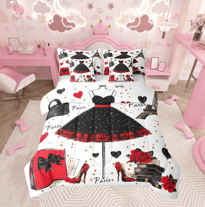 7 Piece Fashion Woman Dress Bedding Sets Golden Polka Dots Bed in a Bag Full Red Black Dress Decor Comforter Set with Sheets Romantic Makeup Themed Bed Set Eiffel Tower Paris Sheets