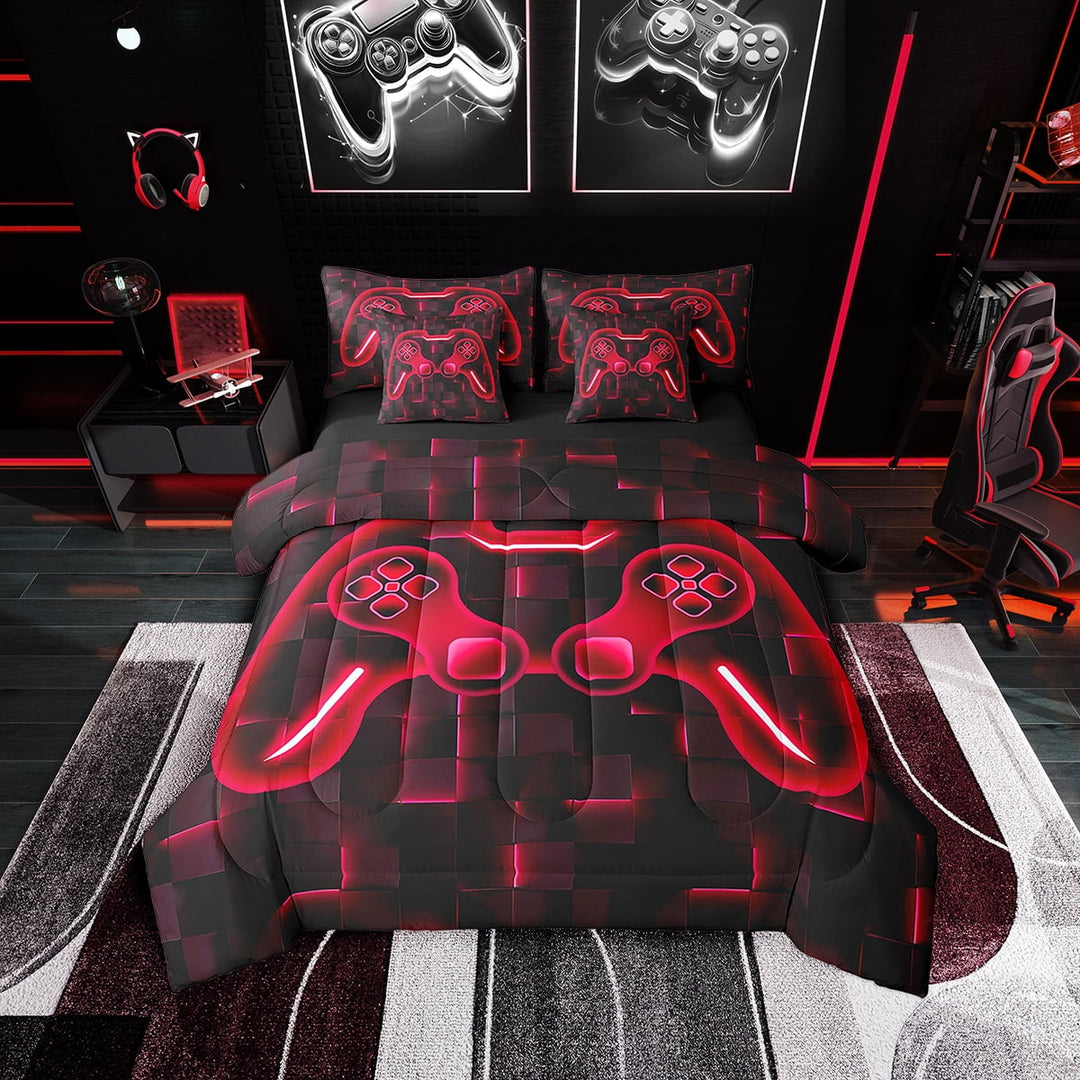 Erosebridal Gaming Bedding Sets Twin Size 7 Pieces Men, Video Game Bed in a Bag, Black Red Room Decorative