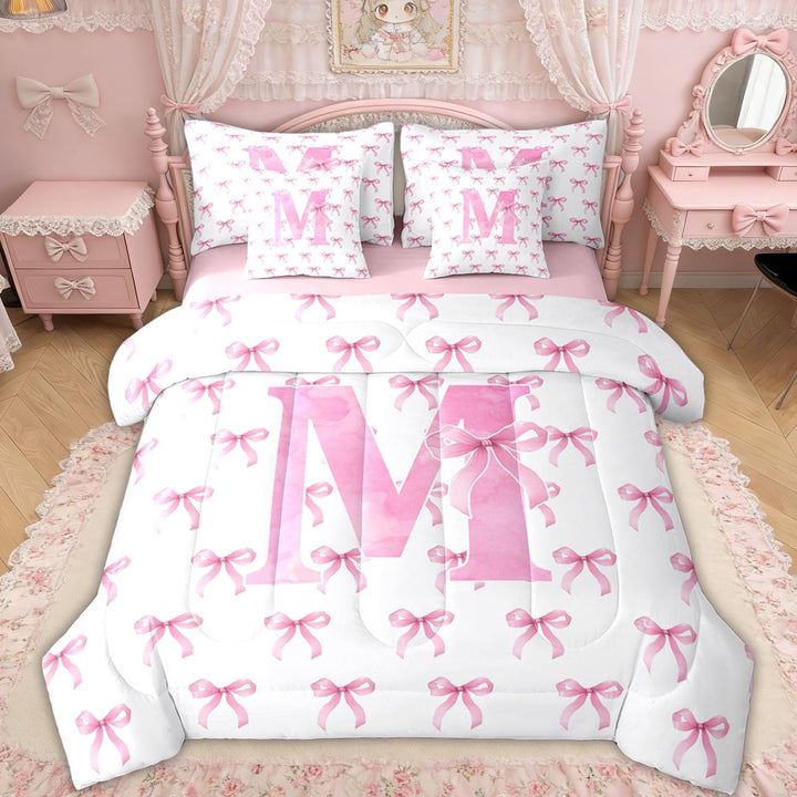 Erosebridal Pink Bow Letter M Twin Bedding Sets for Girls, Pink Watercolor Bow Bedding Comforter Set, Pink Reversible, 7 Pieces
