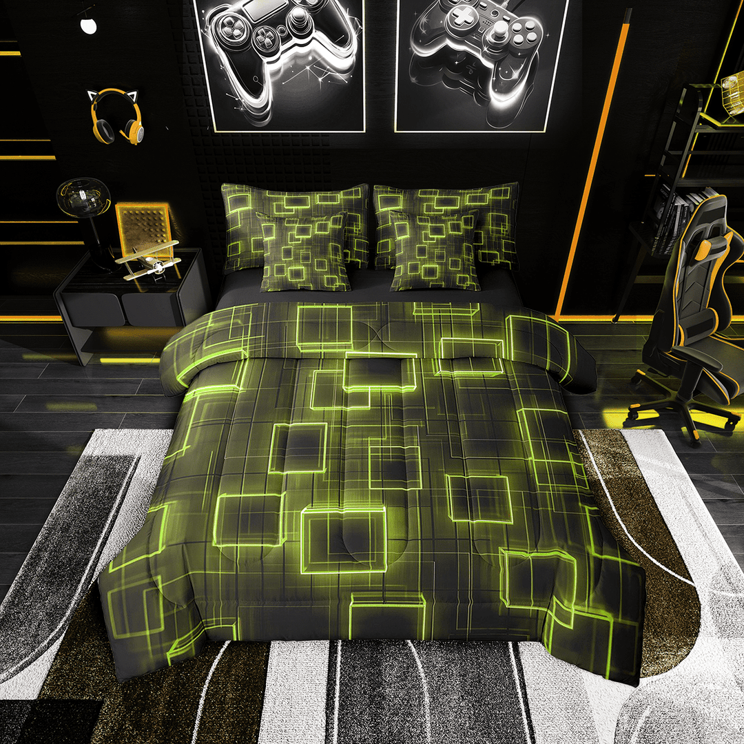 Geometry Yellow Green Comforter Bed In A Bag Geometric Strip Lines 7 Pieces Bedding Set Twin Size,Modern Gradient Cubes Sheet Set Abstract Art Flat Sheet Adult Bedroom Decor