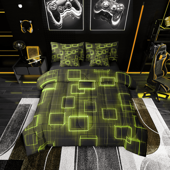 Geometry Yellow Green Comforter Bed In A Bag Geometric Strip Lines 7 Pieces Bedding Set Twin Size,Modern Gradient Cubes Sheet Set Abstract Art Flat Sheet Adult Bedroom Decor