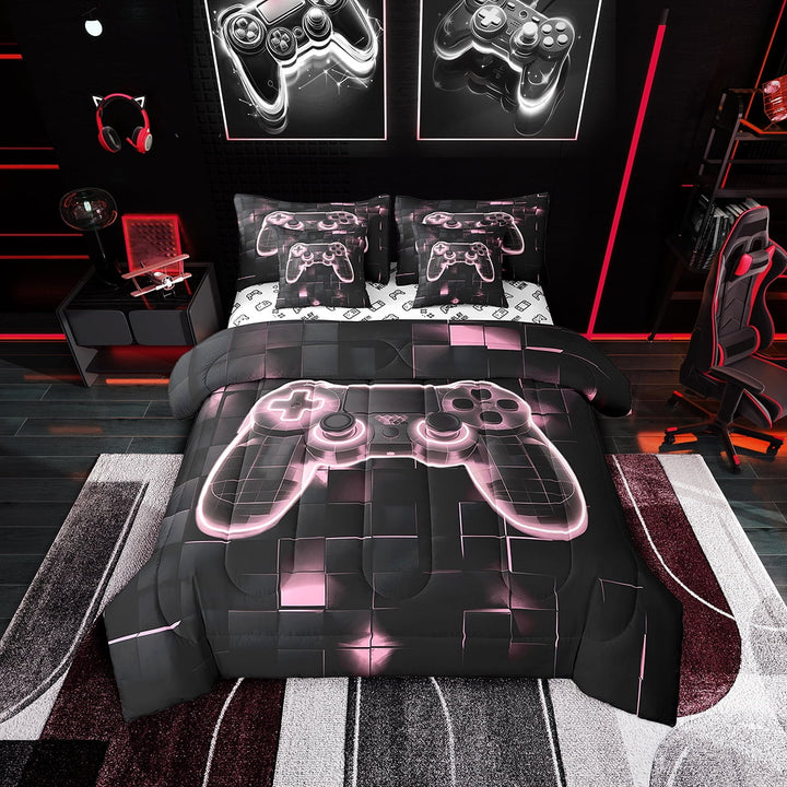 Erosebridal 3D Game Console Comforter Set Pink Black 3D Gaming Geometric Bed in A Bag,Neon Ombre Girly Gaming Themed Reversible Bed Sets with Sheet Set Bedroom Decor,Twin