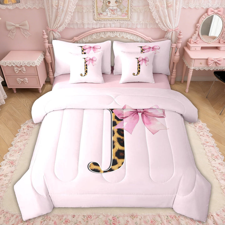 Erosebridal Pink Bowknot Letter J Twin Bedding Sets, Cheetah Leopard Print Bedding Comforter Set for Girls Kids, Pink Reversible, 7 Pieces