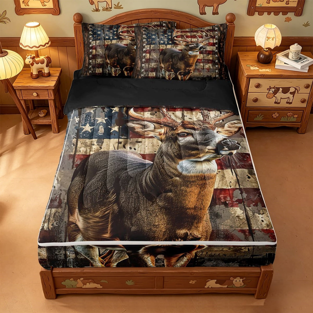 meiyoeat Vintage Flag Deer Zipper Twin Comforter Sets with Fitted Sheet and 2 Pillowcases, Rustic Hunting Print Zipper Bedding Set For Boys,Black Reversible,4 Pieces