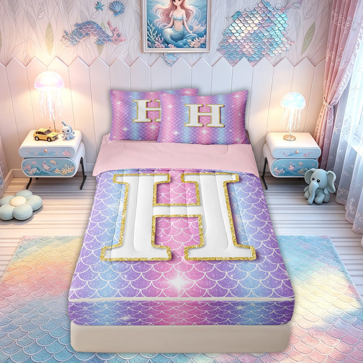 meiyoeat Mermaid Letter Zipper Comforter Set with Fitted Sheet and 2 Pillowcases for Girls, Glitter Scale Print Zipper Bedding Set for Bedroom, Iridescent, Pink Reversible, 3 Pieces
