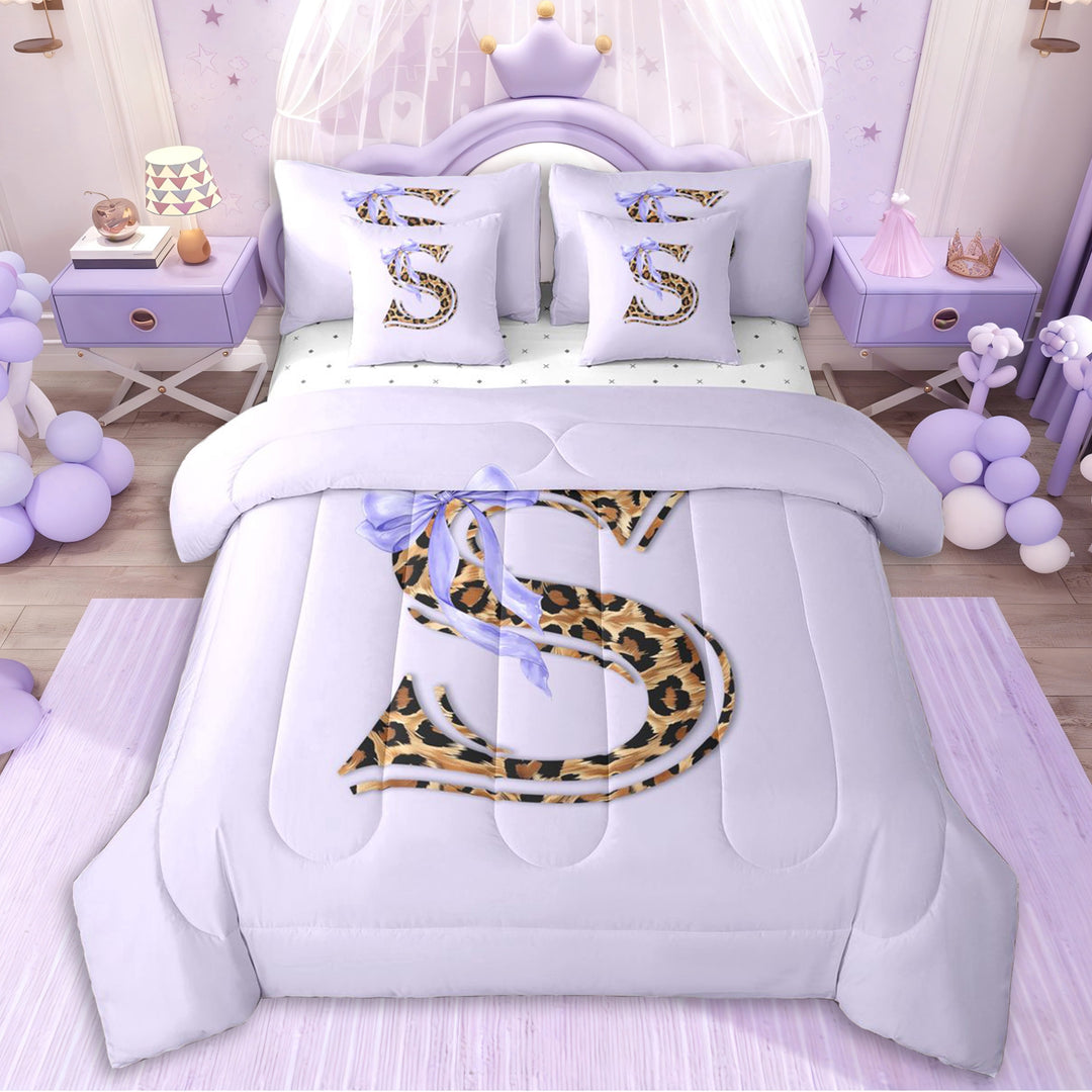 Erosebridal Teens Personalized Initial S Twin Bedding Sets 7-Piece,Girls Purple Bow Cheetah Print Bedding Comforter Set,Lightweight Room Decor