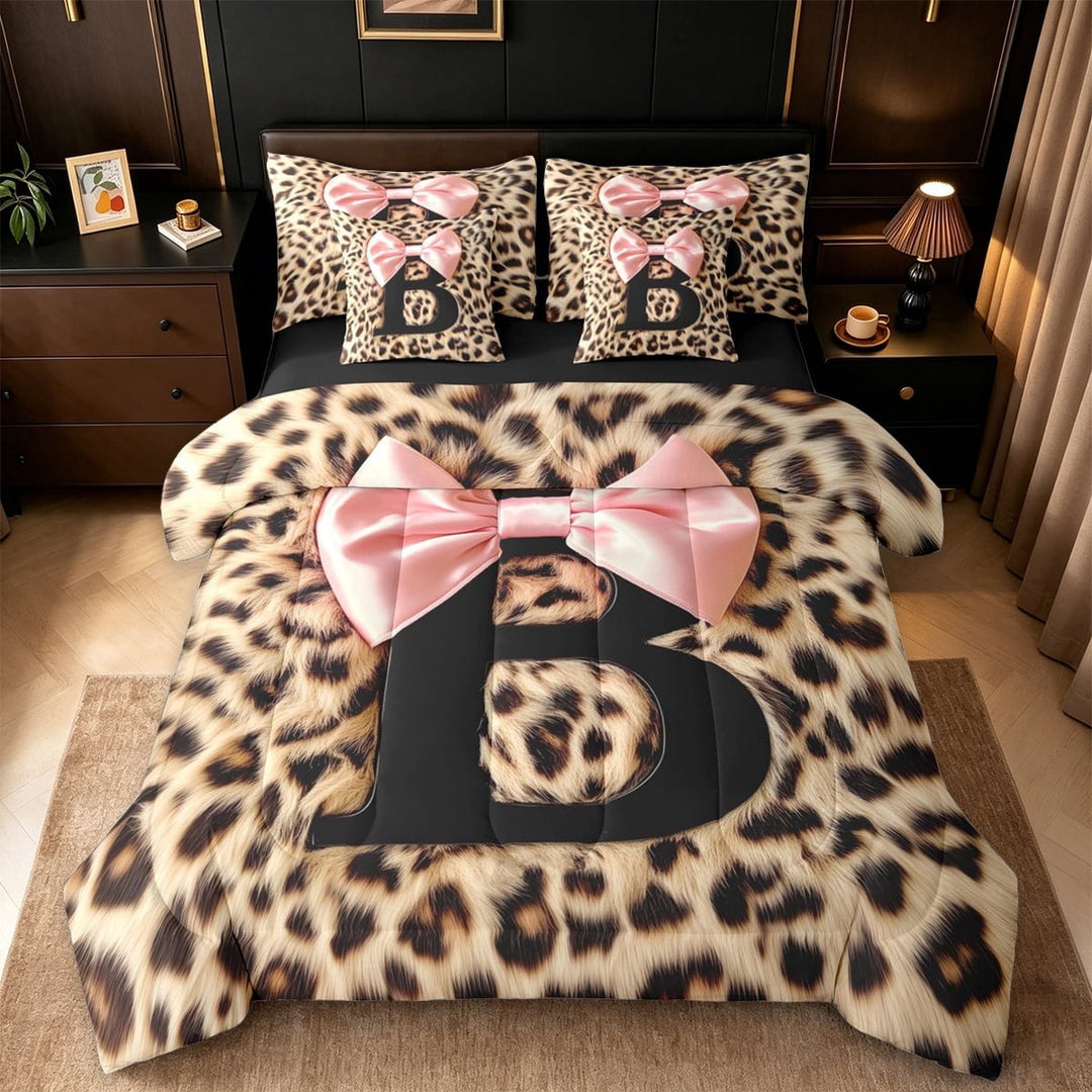 Erosebridal Pink Coquette Bow 7-Piece Twin Bedding Sets For Kids,Cheetah Print Letter B Monogrammed Bedding Comforter Set,Black Reversible