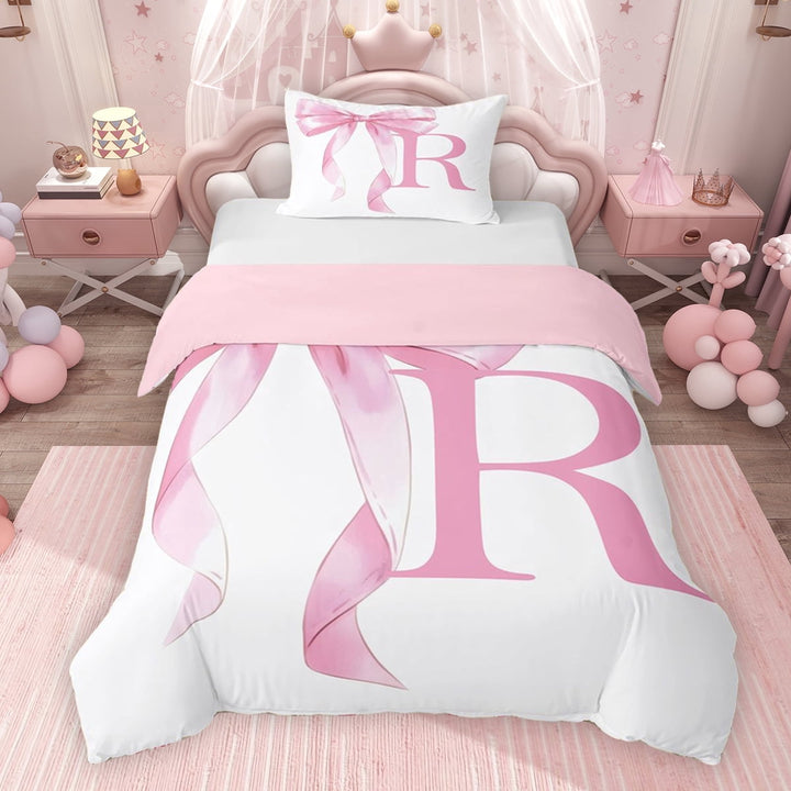 Erosebridal Girls Pink Bow Twin Bedding, R Letter Duvet Cover Set, Princess Style Bedroom Decor, Pink Reversible 2pcs, 1 Duvet Cover and 1 Pillowcase (No Comforter)